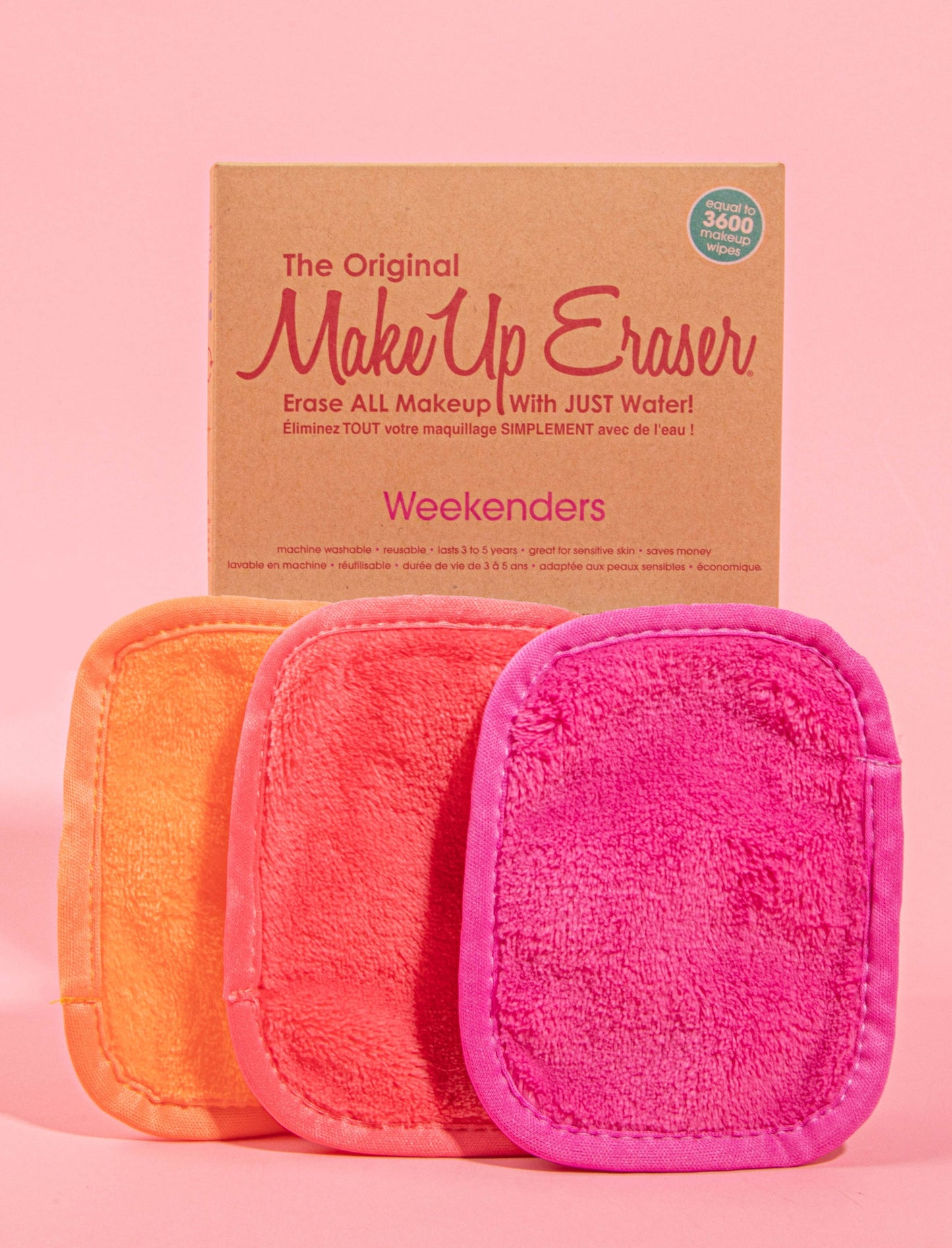 Weekenders Pink 3-Day Set MakeUp Eraser cloths next to packaging.