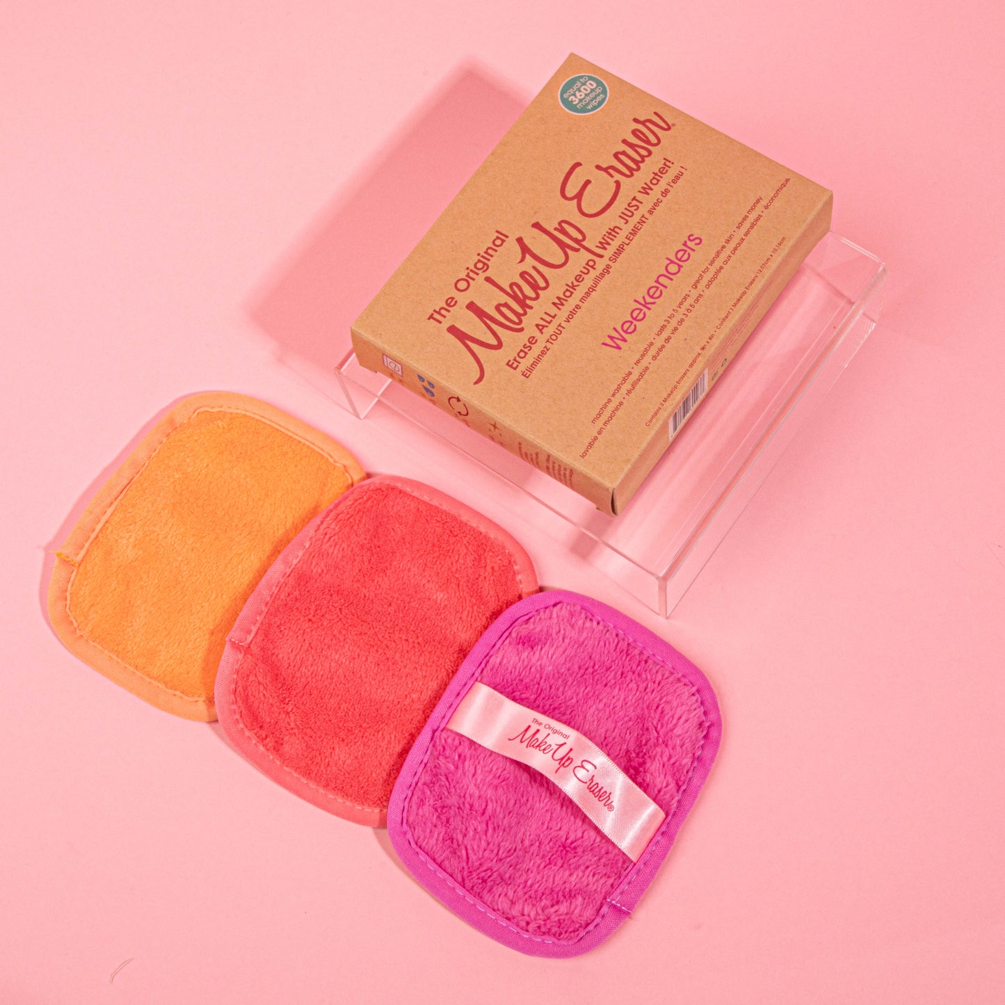 Weekenders Pink 3-Day Set MakeUp Eraser cloths next to packaging.