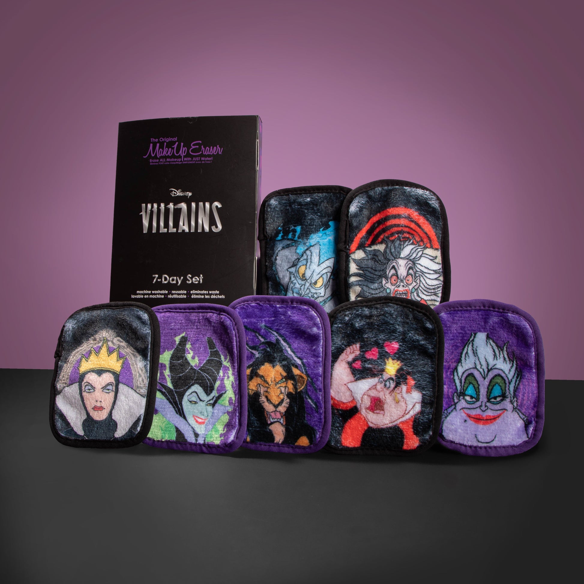 Disney Villains 7-Day Set MakeUp Eraser cloths propped up next to packaging.