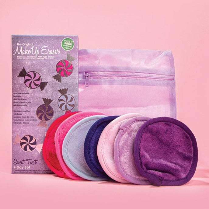 Sweet Treat 7-Day Set MakeUp Eraser cloths next to packaging and laundry bag.