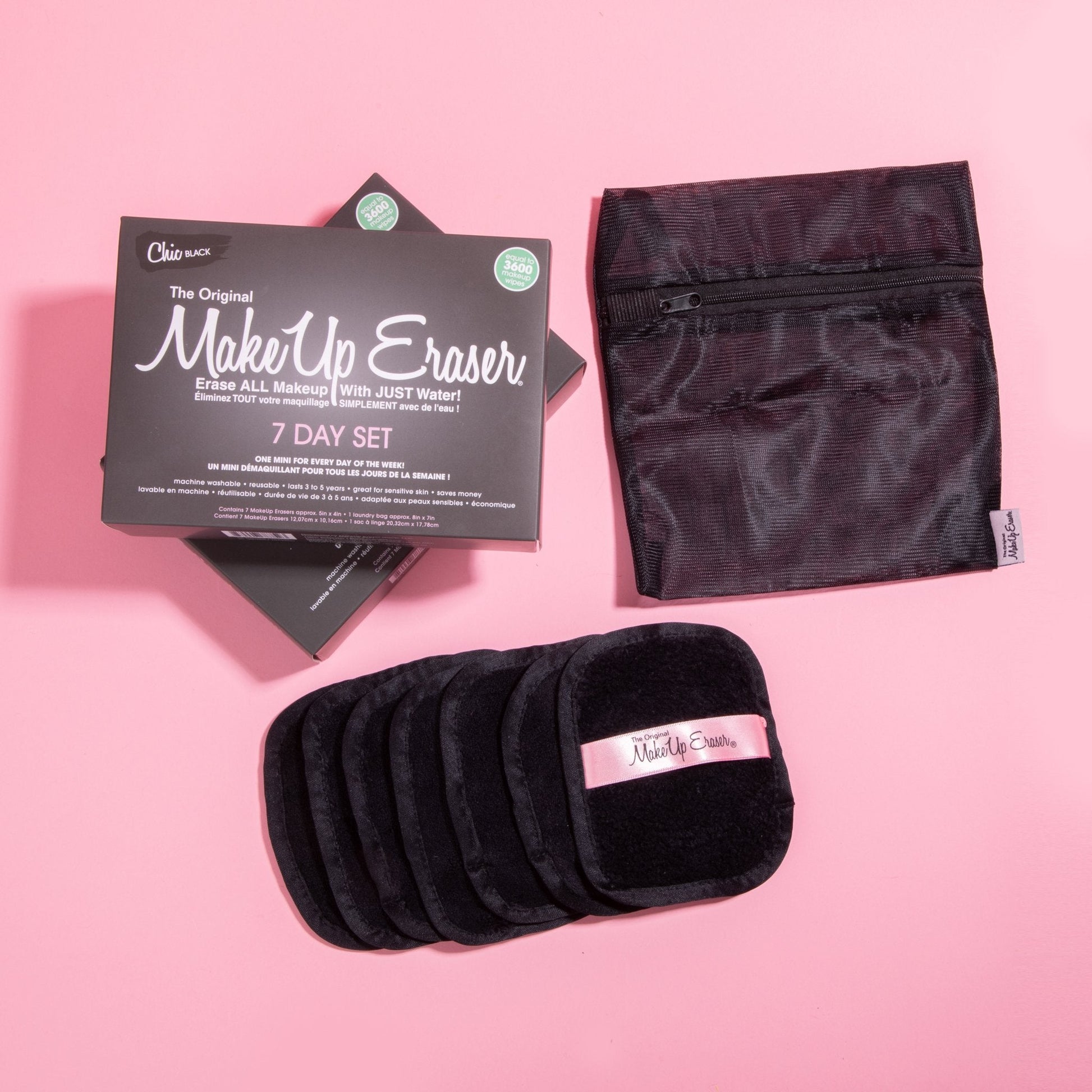 Chic Black 7-Day Set MakeUp Eraser cloths next to laundry bag and packaging.