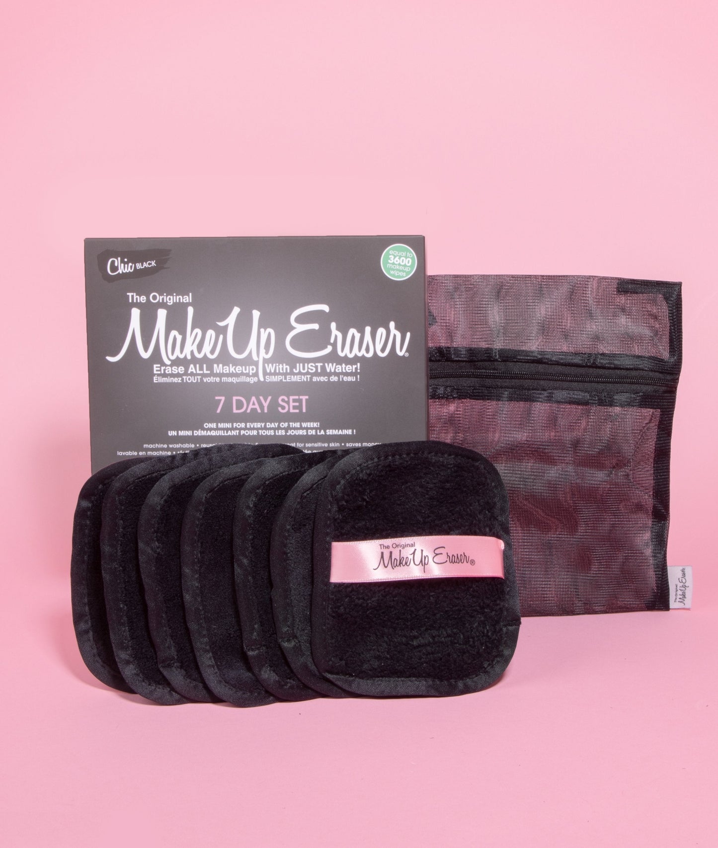 Chic Black 7-Day Set MakeUp Eraser cloths next to laundry bag and packaging.