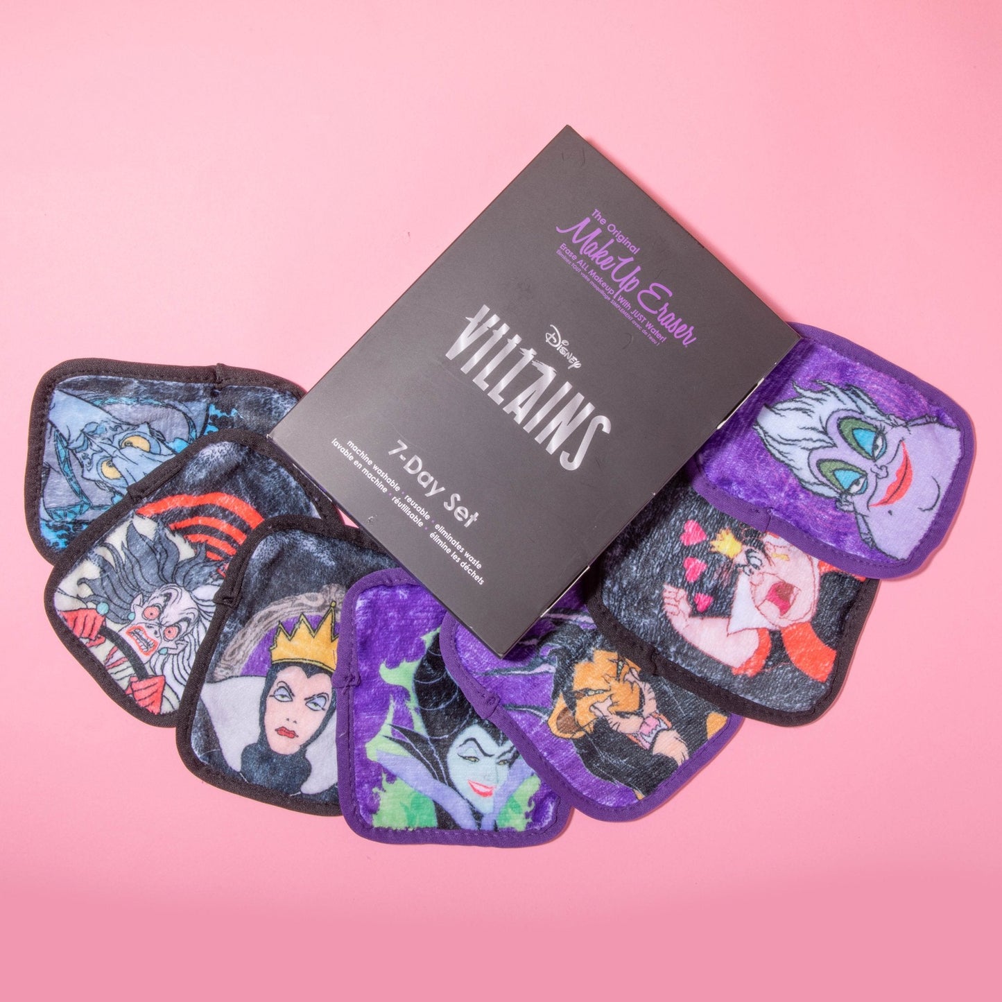 Disney Villains 7-Day Set MakeUp Eraser cloths next to packaging.