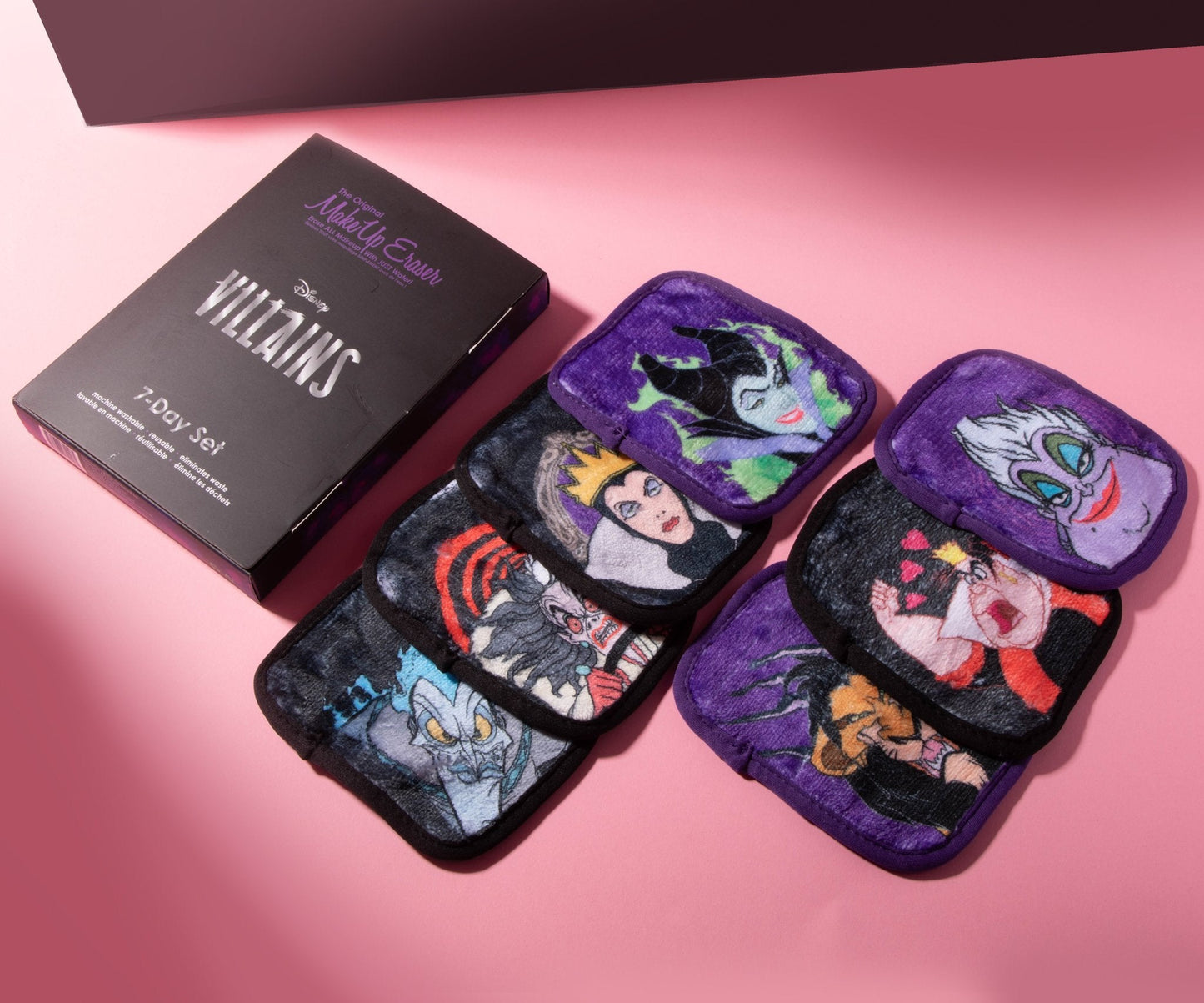 Disney Villains 7-Day Set MakeUp Eraser cloths next to packaging.