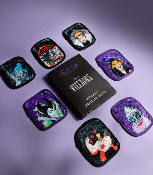 Disney Villains 7-Day Set MakeUp Eraser cloths next to packaging.