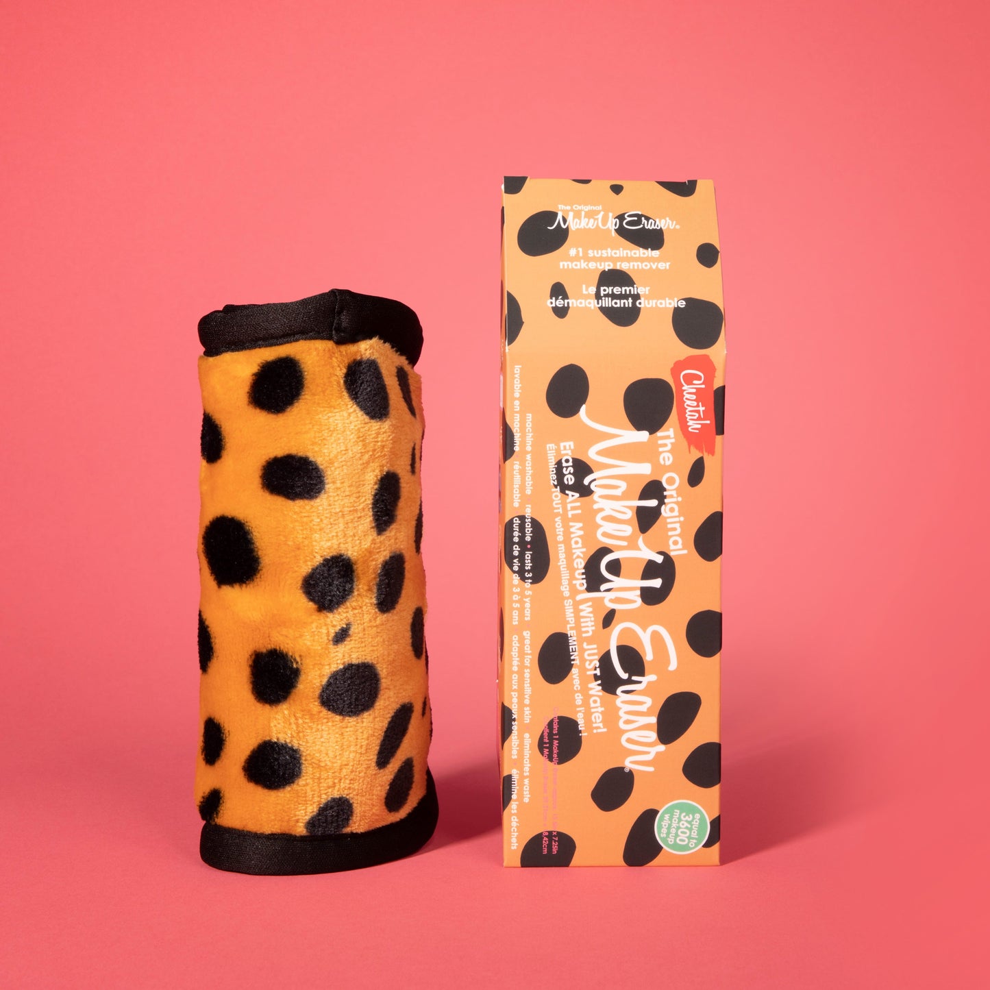 Rolled up Cheetah Print MakeUp Eraser next to packaging.