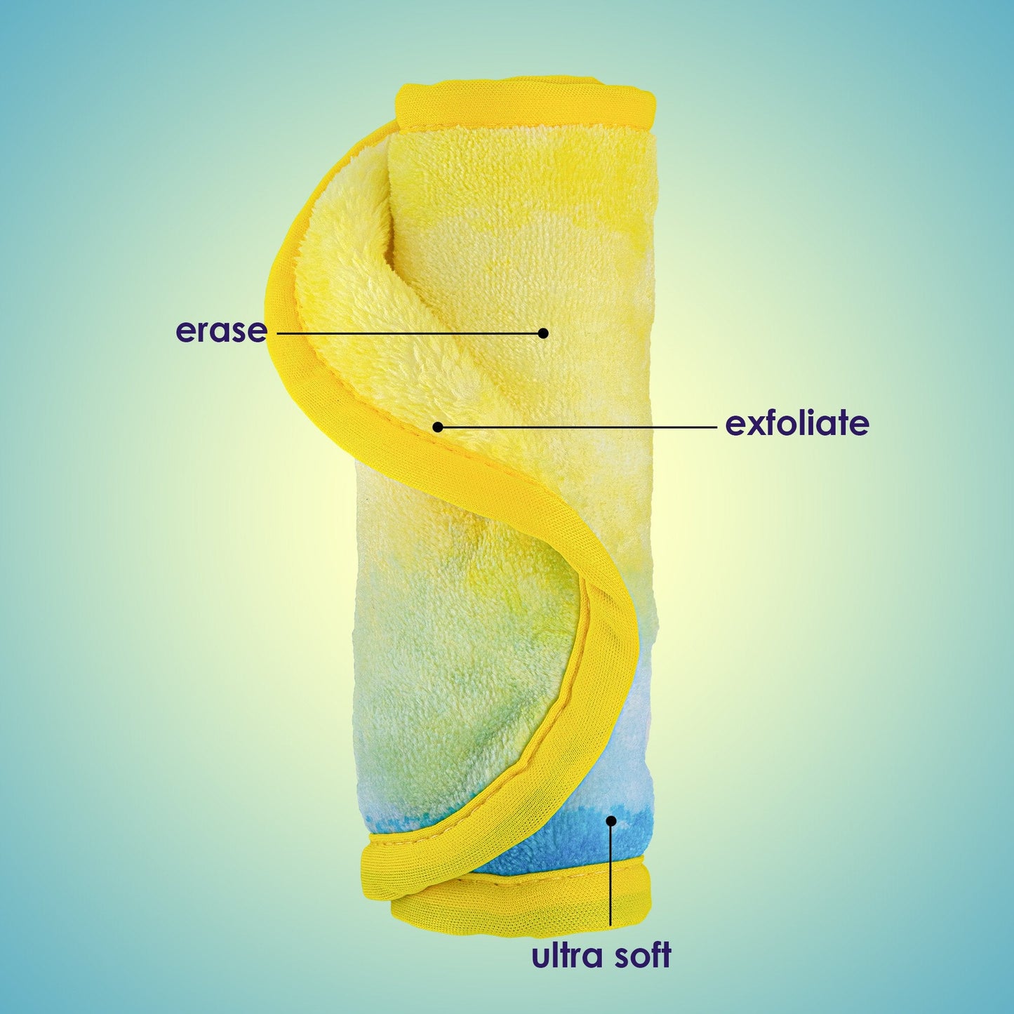 Rolled up charity: water MakeUp Eraser with both sides exposed. The short fiber side is labeled as erase, and the long fiber side is labeled as exfoliate.
