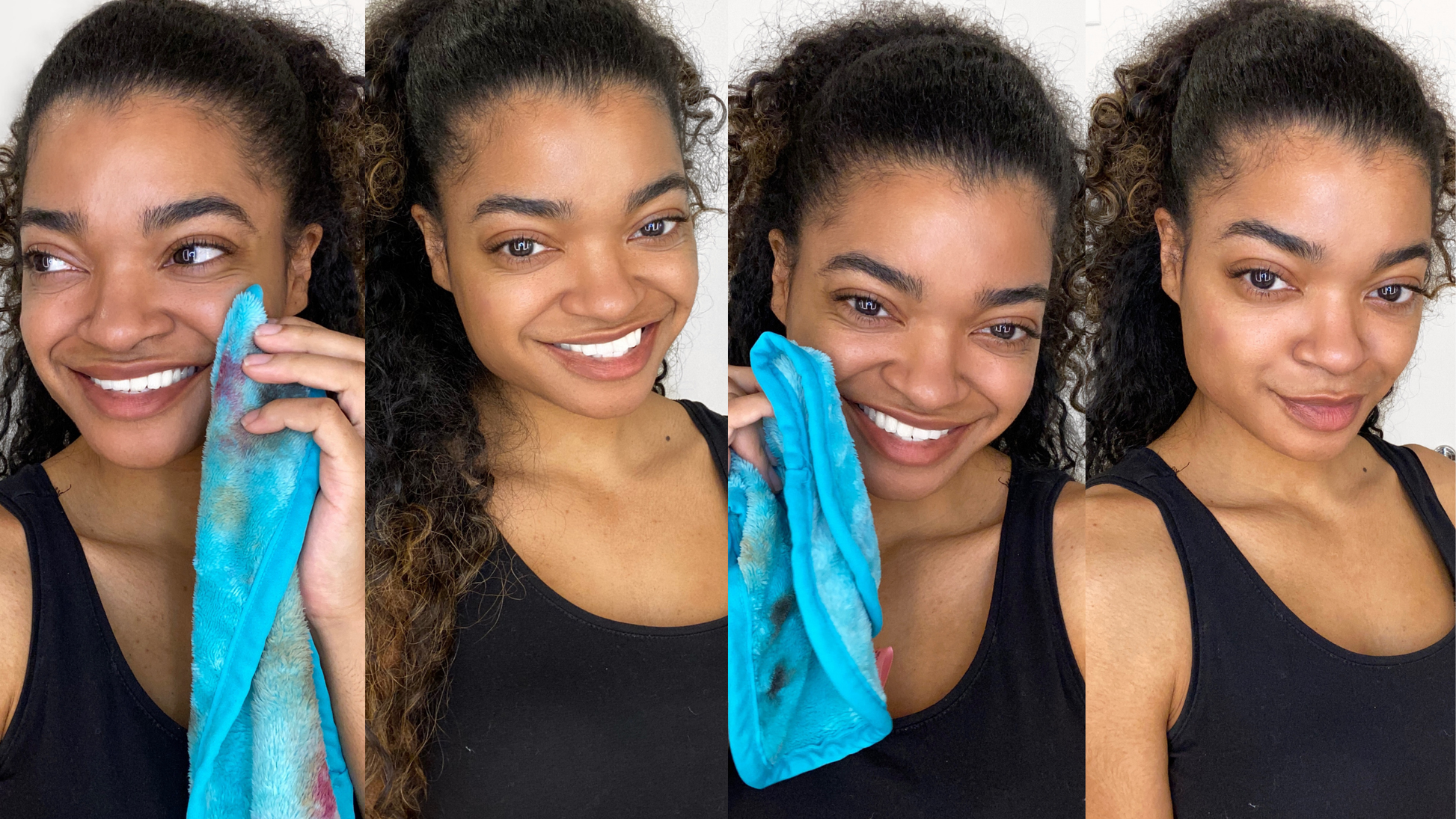 Multiple images of a woman smiling and holding a Fresh Turquoise MakeUp Eraser up to her face.