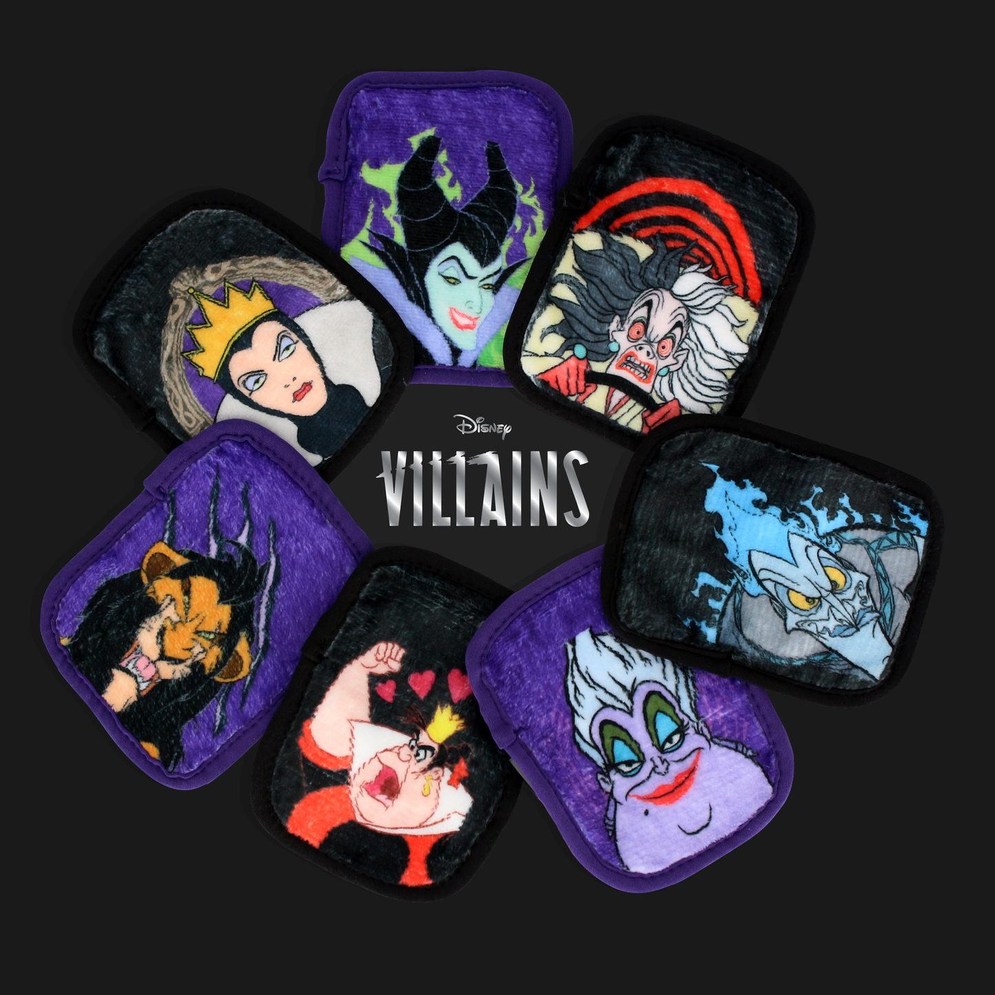 Disney Villains 7-Day Set MakeUp Eraser cloths laying in a circle.