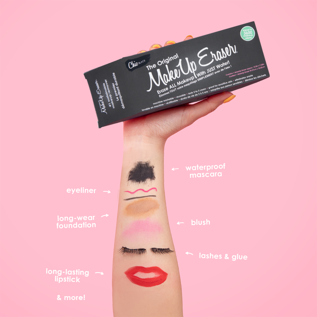 Hand holding Chic Black MakeUp Eraser packaging. There is writing on the arm that calls out the various makeup that MakeUp Eraser can remove.