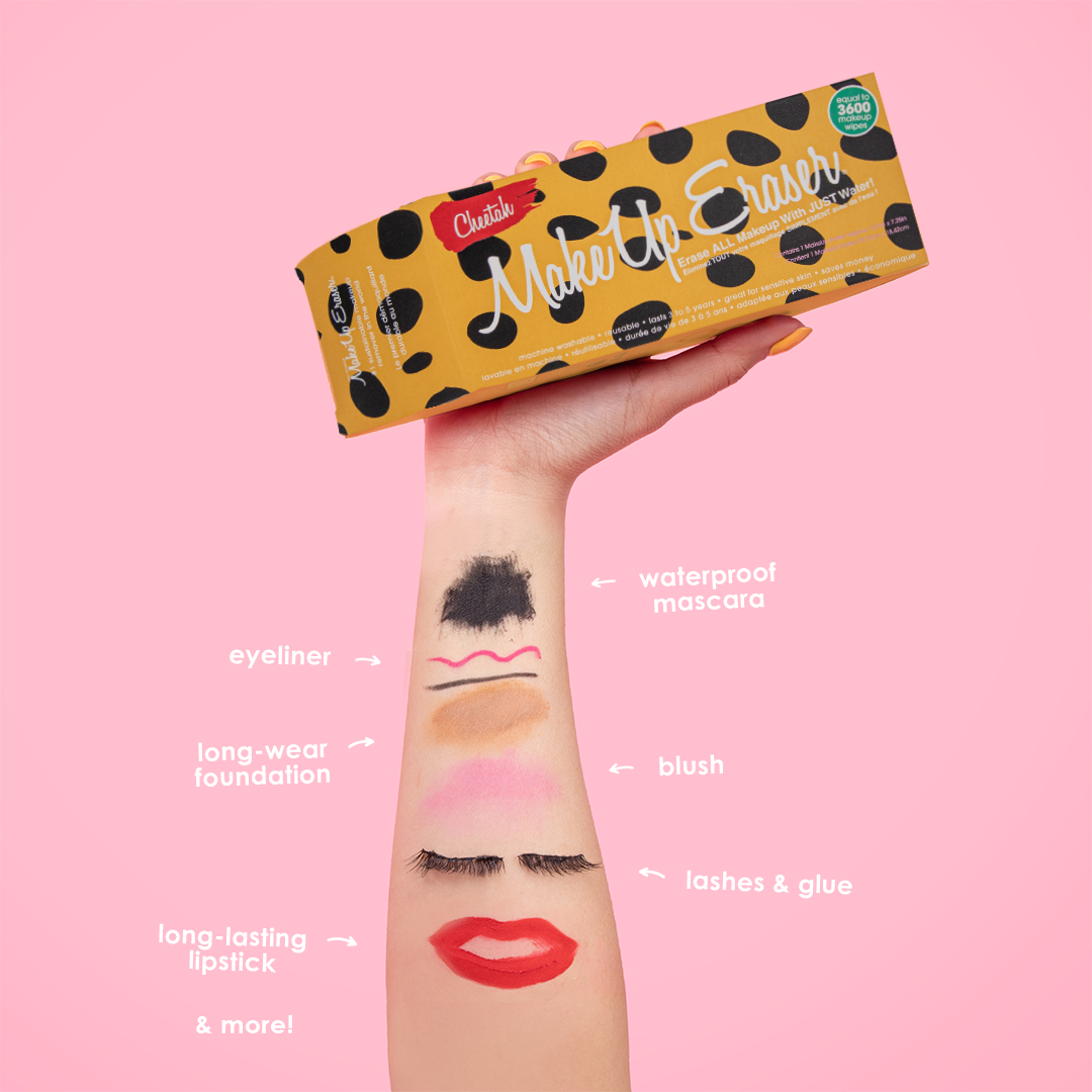 Hand holding Cheetah Print MakeUp Eraser packaging. There is writing on the arm that calls out the various makeup that MakeUp Eraser can remove.