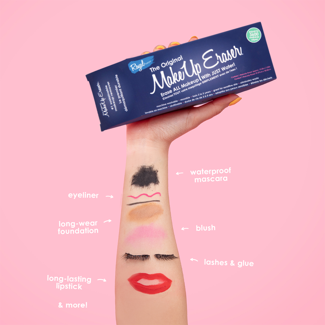 Hand holding Royal Navy MakeUp Eraser packaging. There is writing on the arm that calls out the various makeup that MakeUp Eraser can remove.
