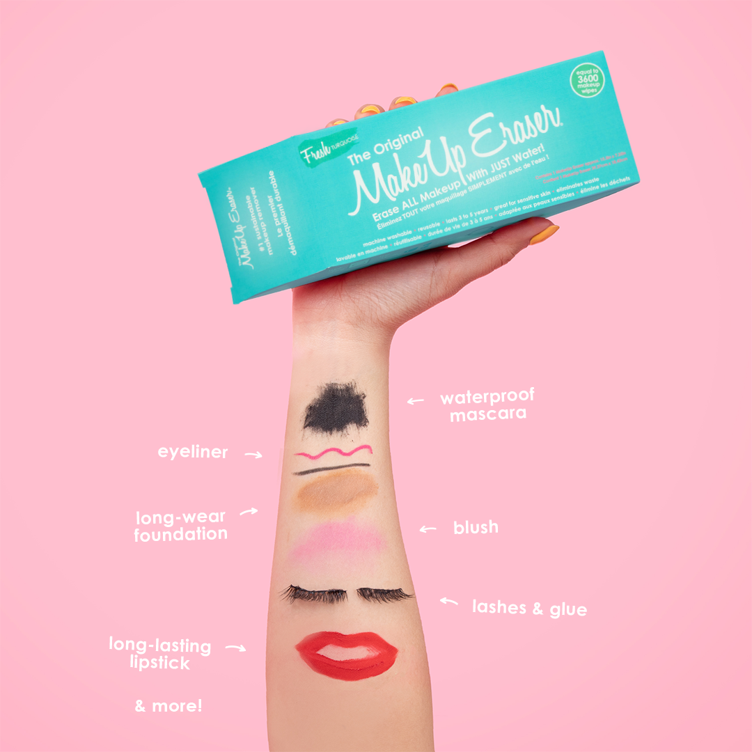 Hand holding Fresh Turquoise MakeUp Eraser packaging. There is writing on the arm that calls out the various makeup that MakeUp Eraser can remove.