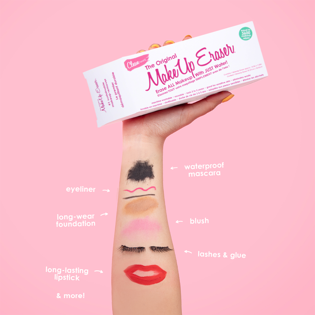 Hand holding Clean White MakeUp Eraser packaging. There is writing on the arm that calls out the various makeup that MakeUp Eraser can remove.
