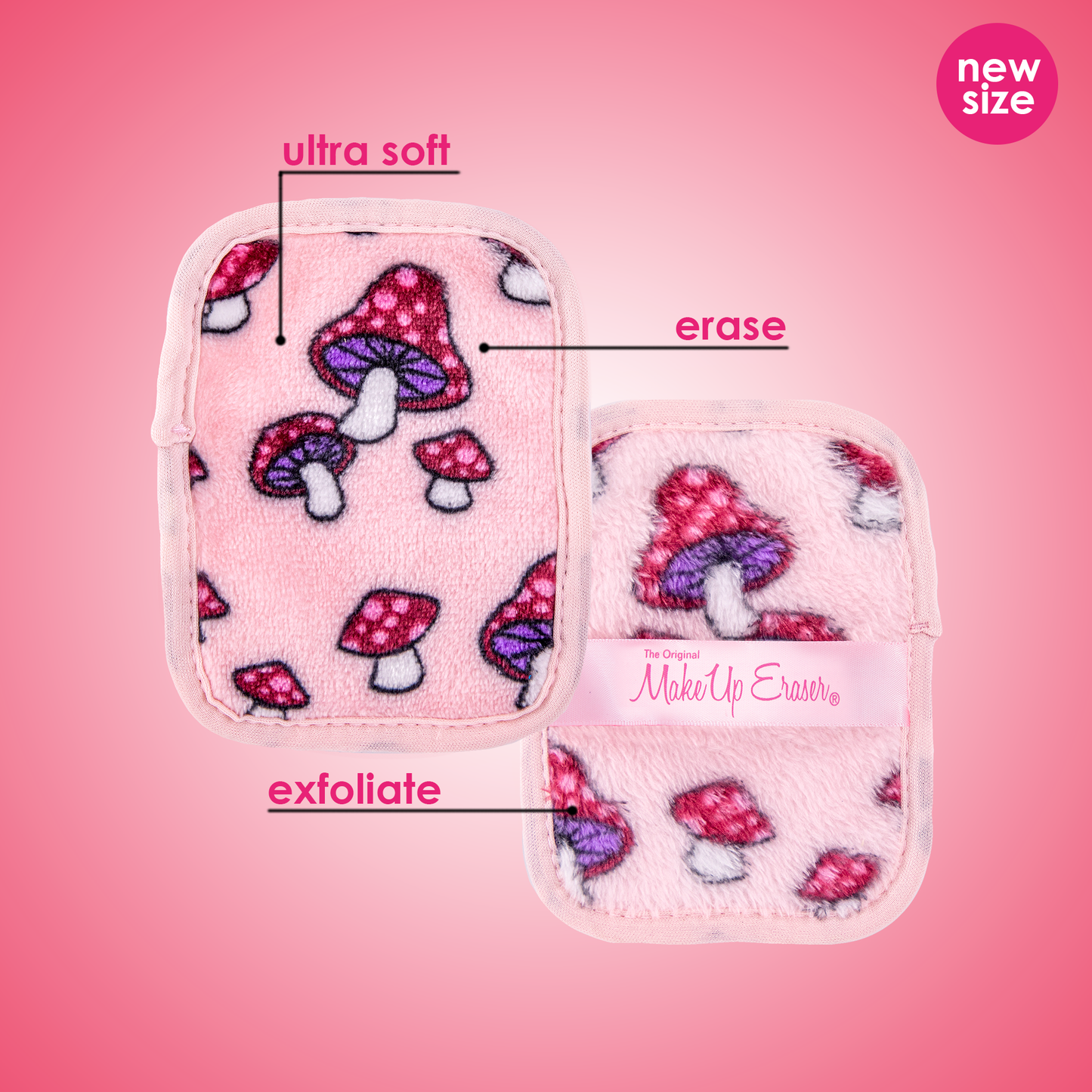 Front and back of Mushroom 7-Day Set MakeUp Eraser cloth. The front short fiber side is labeled as erase, and the back long fiber side is labeled as exfoliate.