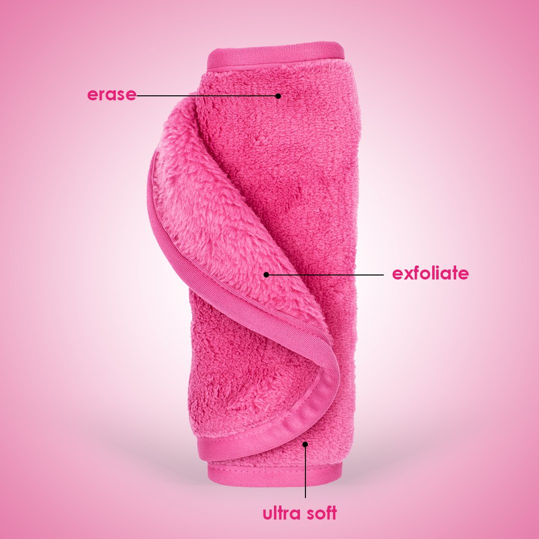 Rolled up Original Pink MakeUp Eraser with both sides exposed. The short fiber side is labeled as erase, and the long fiber side is labeled as exfoliate.