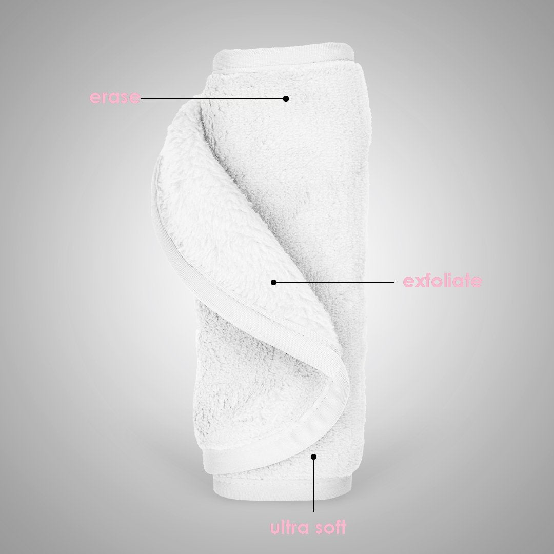 Rolled up Clean White MakeUp Eraser with both sides exposed. The short fiber side is labeled as erase, and the long fiber side is labeled as exfoliate.