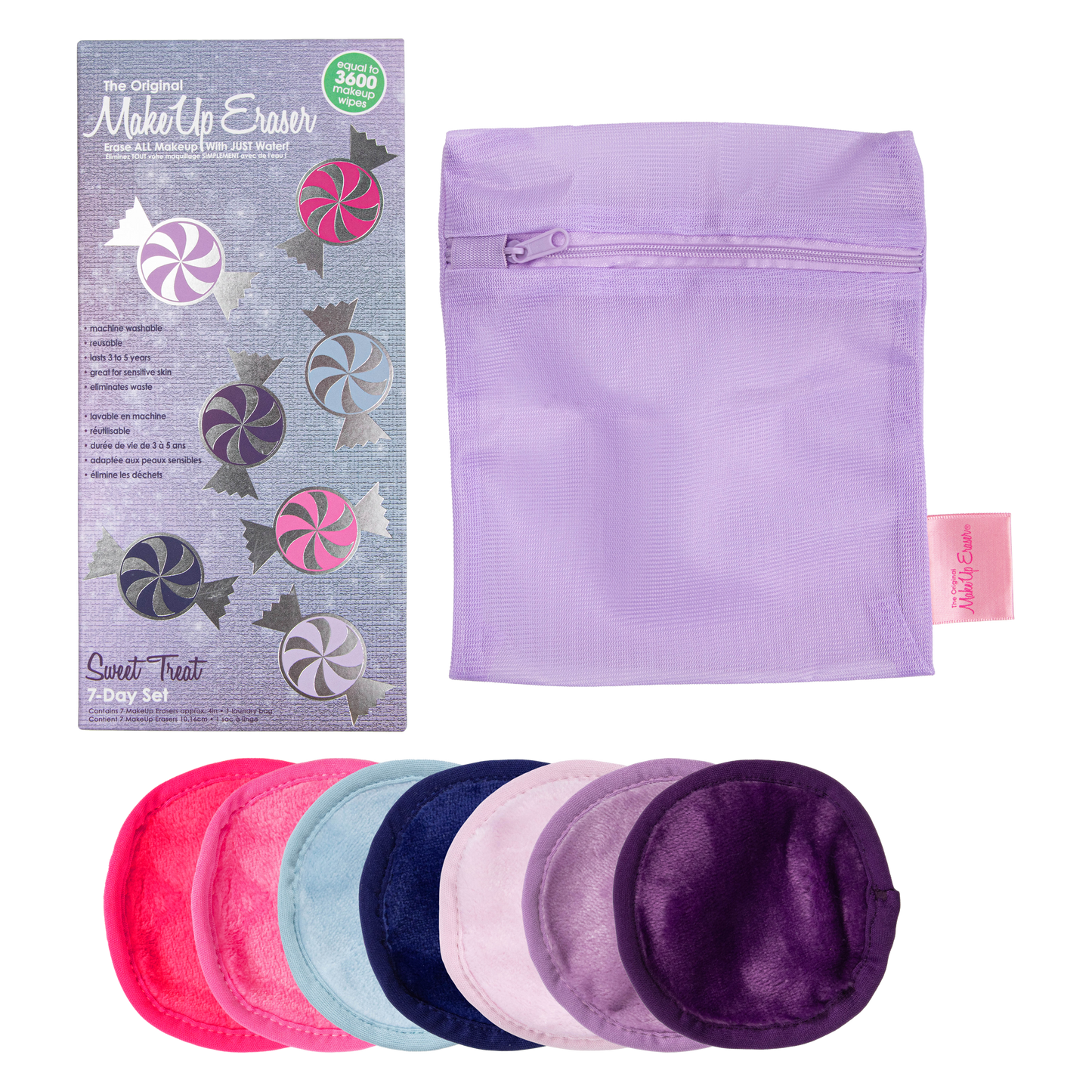 Sweet Treat 7-Day Set MakeUp Eraser cloths, laundry bag, and packaging.