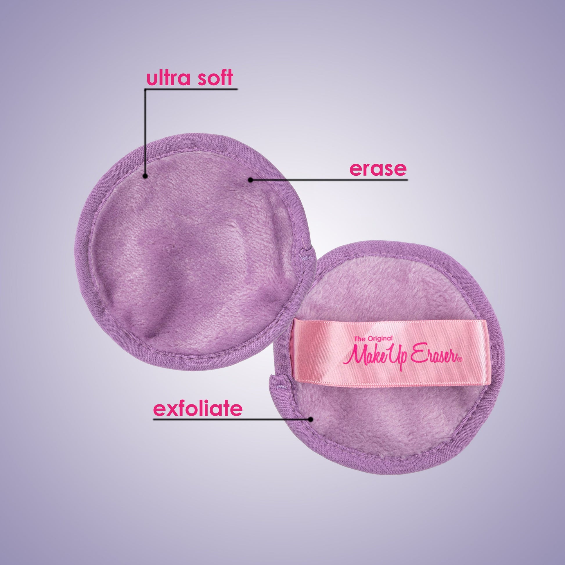 Front and back of Sweet Treat 7-Day Set MakeUp Eraser cloth. The front short fiber side is labeled as erase, and the back long fiber side is labeled as exfoliate.
