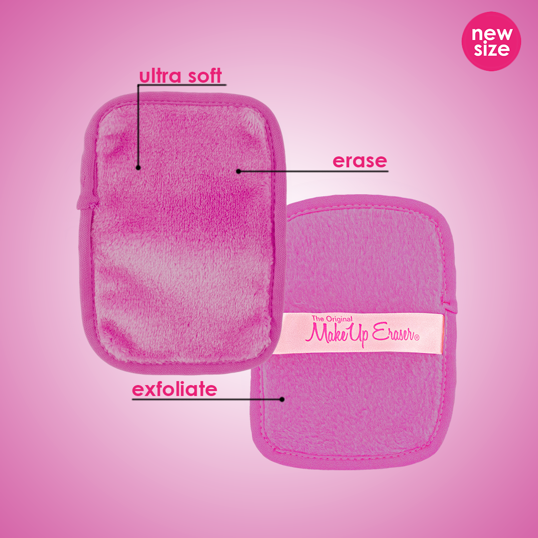 Front and back of Weekenders Pink 3-Day Set MakeUp Eraser cloth. The front short fiber side is labeled as erase, and the back long fiber side is labeled as exfoliate.