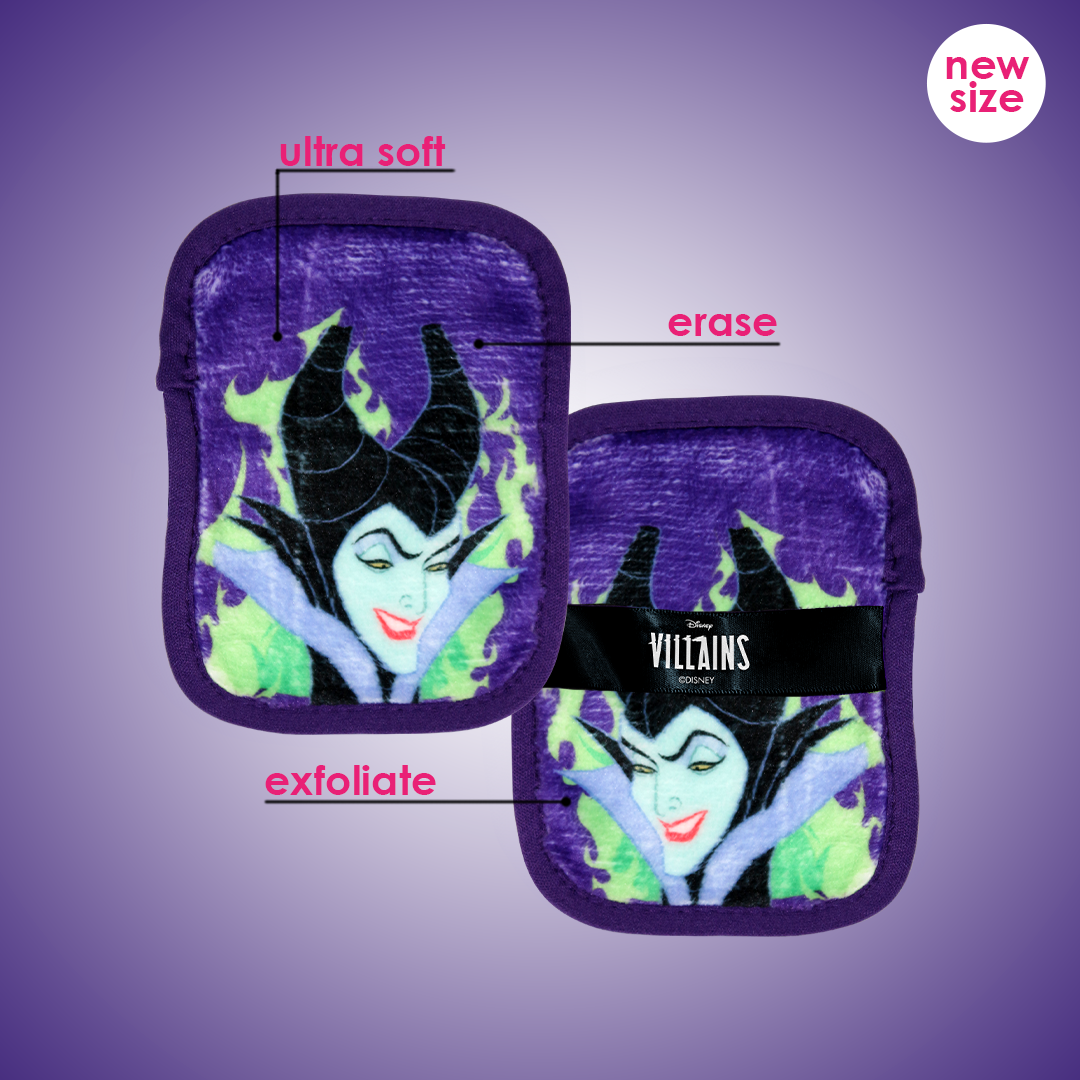 Front and back of Disney Villains 7-Day Set MakeUp Eraser cloth. The front short fiber side is labeled as erase, and the back long fiber side is labeled as exfoliate.