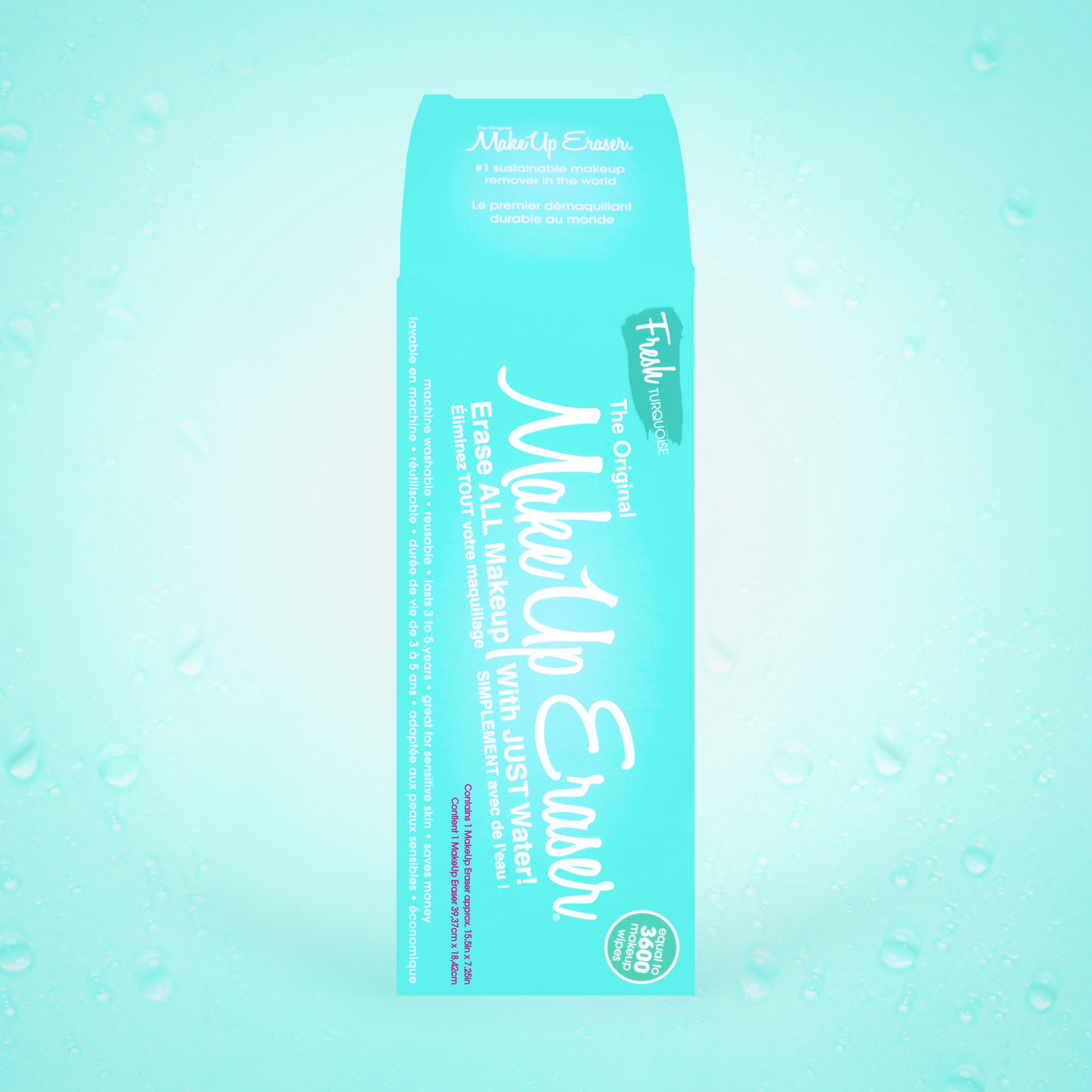 Front of Fresh Turquoise MakeUp Eraser packaging.
