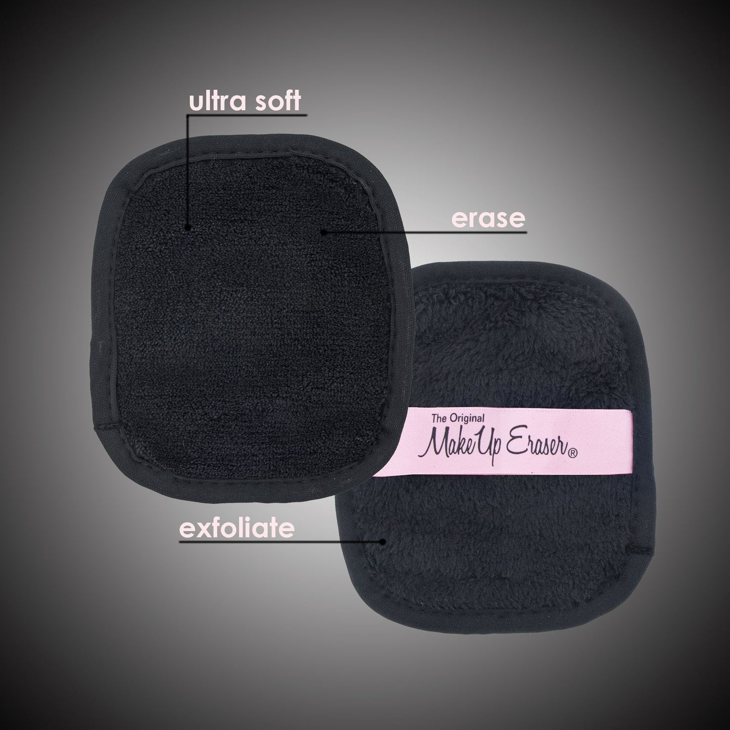 Front and back of Chic Black 7-Day Set MakeUp Eraser cloth. The front short fiber side is labeled as erase, and the back long fiber side is labeled as exfoliate.