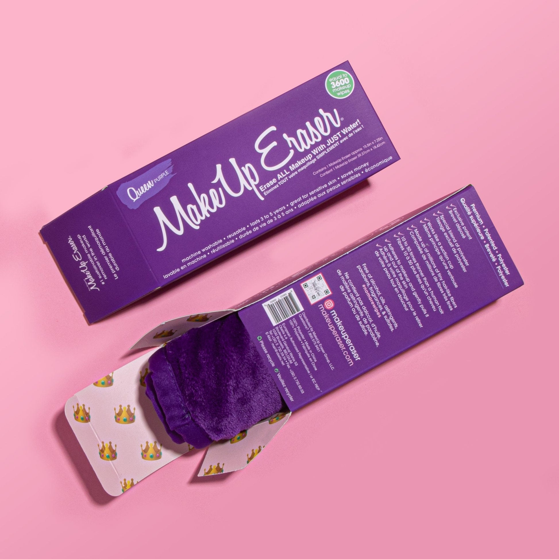 Front of Queen Purple MakeUp Eraser packaging next to the back of Queen Purple MakeUp Eraser packaging. The back of the packaging is open with a rolled-up Queen Purple MakeUp Eraser peeking out.