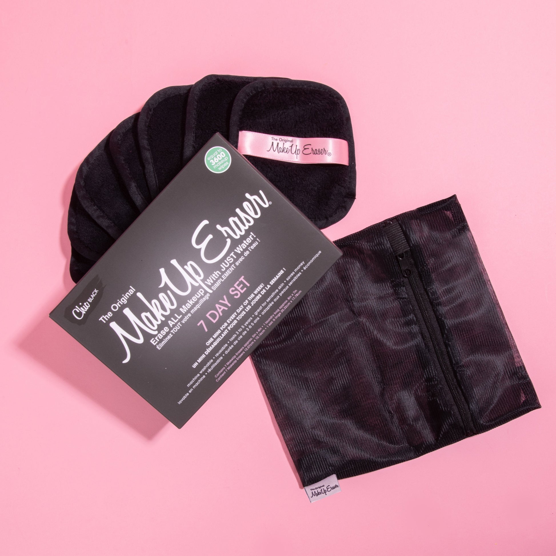 Chic Black 7-Day Set MakeUp Eraser cloths next to laundry bag and packaging.