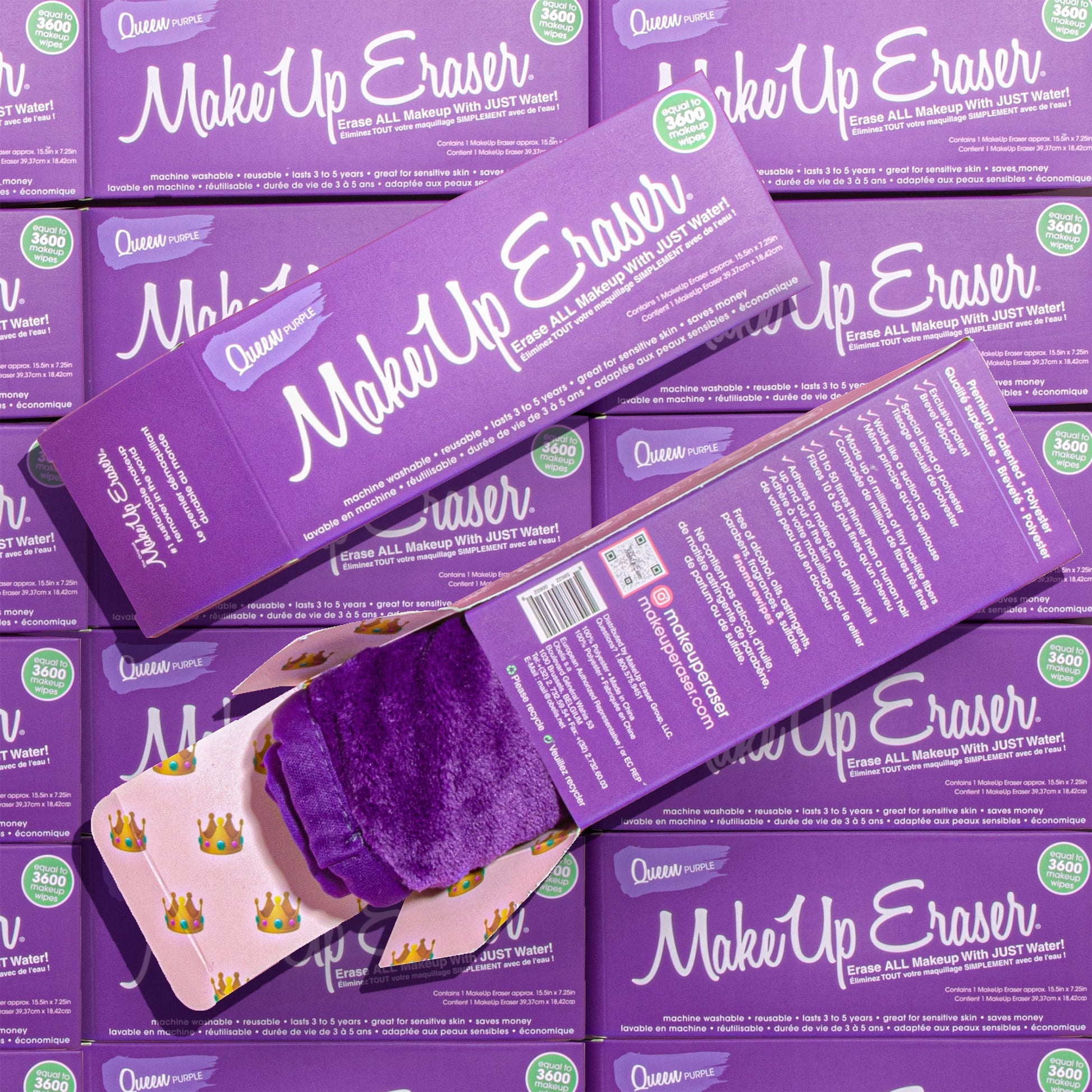 Front of Queen Purple MakeUp Eraser packaging next to the back of Queen Purple MakeUp Eraser packaging. The back of the packaging is open with a rolled-up Queen Purple MakeUp Eraser peeking out.